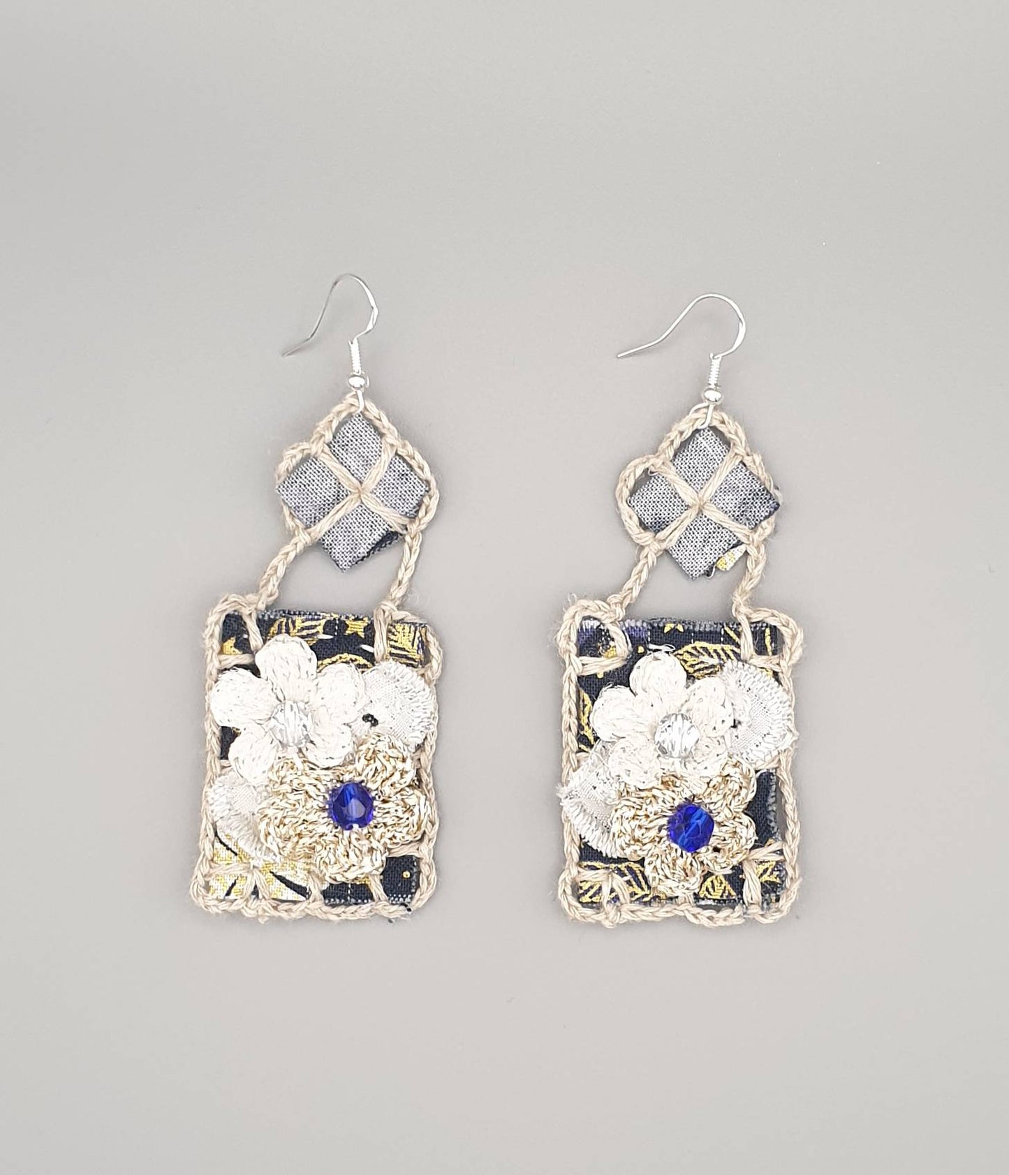 Midnight flowers textile art earrings